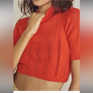 Free people orange knit short sleeve crop stretch sweater/top‎ w/ back cutout, L